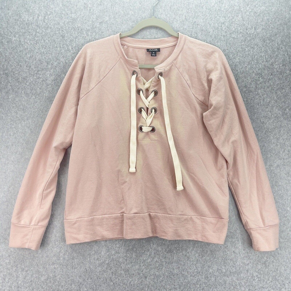 a.n.a. Top Pull Over Long Sleeves Lace Up Neckline Womens Size M Pink